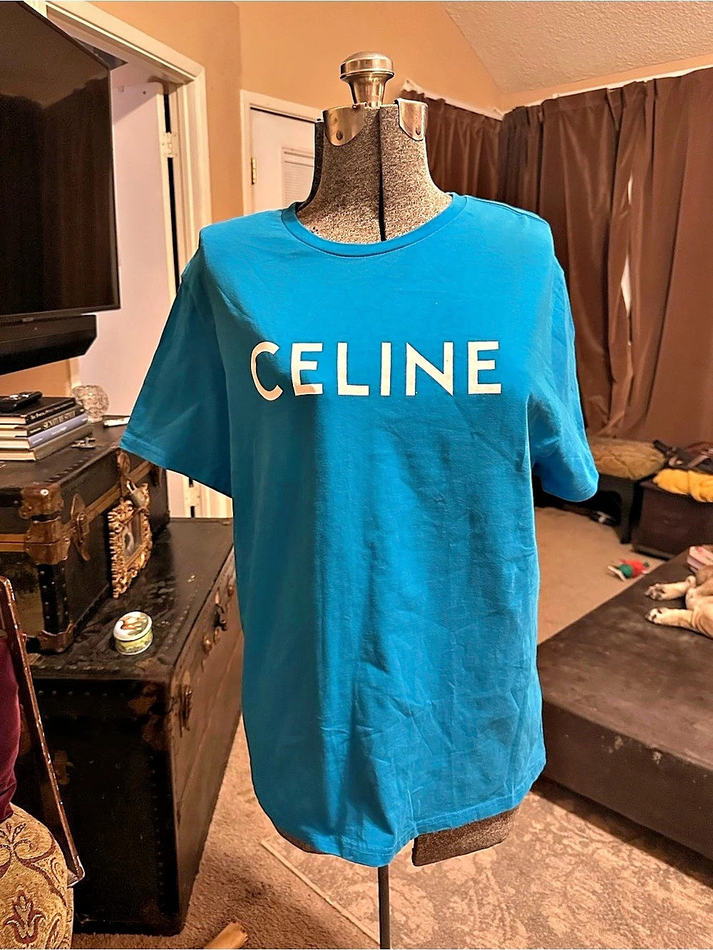CELINE Logo Print Cotton Jersey T-Shirt Blue